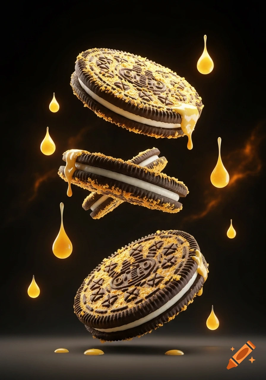Three photorealistic Oreo-like cookies with yellow crumbs and dripping yellow sauce float against a dark background with an orange glow.