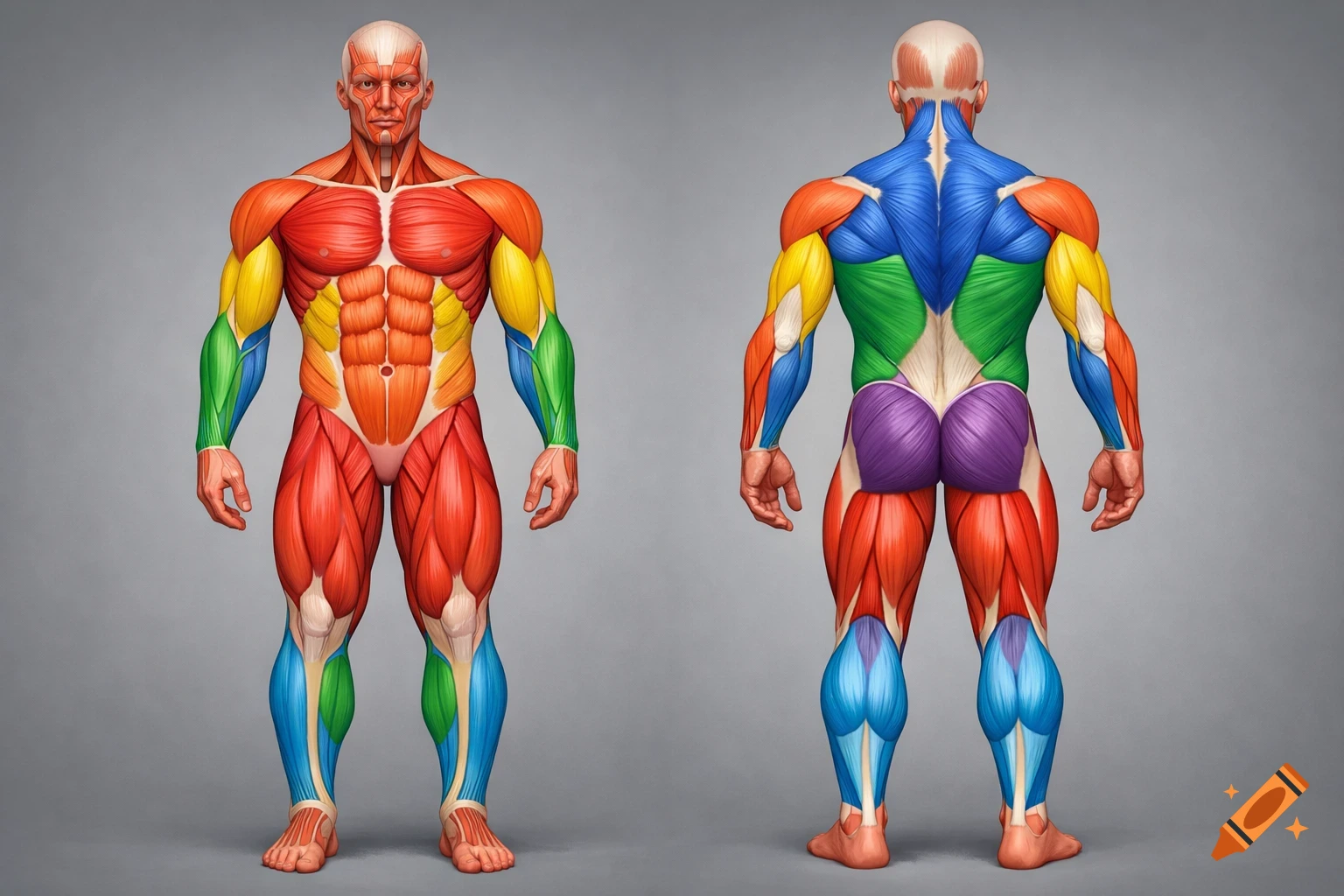 Detailed anatomical diagram of the human muscular system, front and back views, with different muscle groups in various colors.
