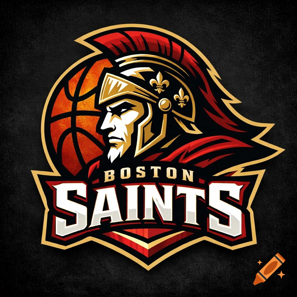 A detailed red, gold, and black Boston Saints basketball team logo, featuring a warrior in a helmet, a basketball, and the team name.