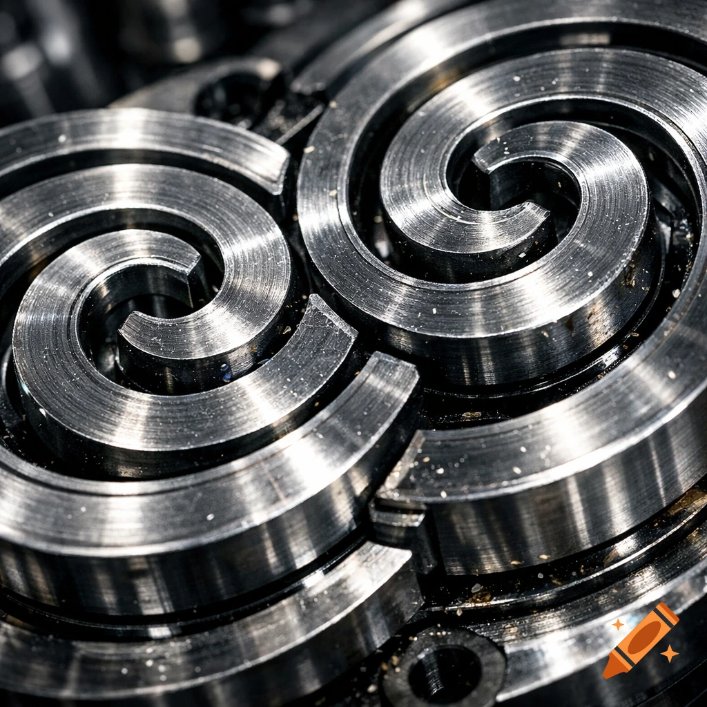 Close-up of shiny, textured metallic spiral components interlocking within a mechanical device.