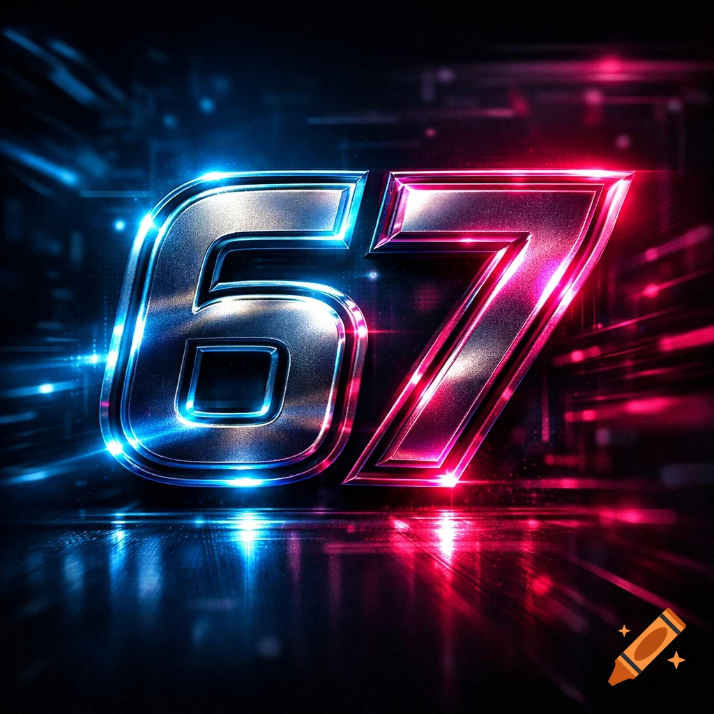 Metallic 3D numbers 67 glowing in blue and red neon lights against a dark, futuristic background with reflections.