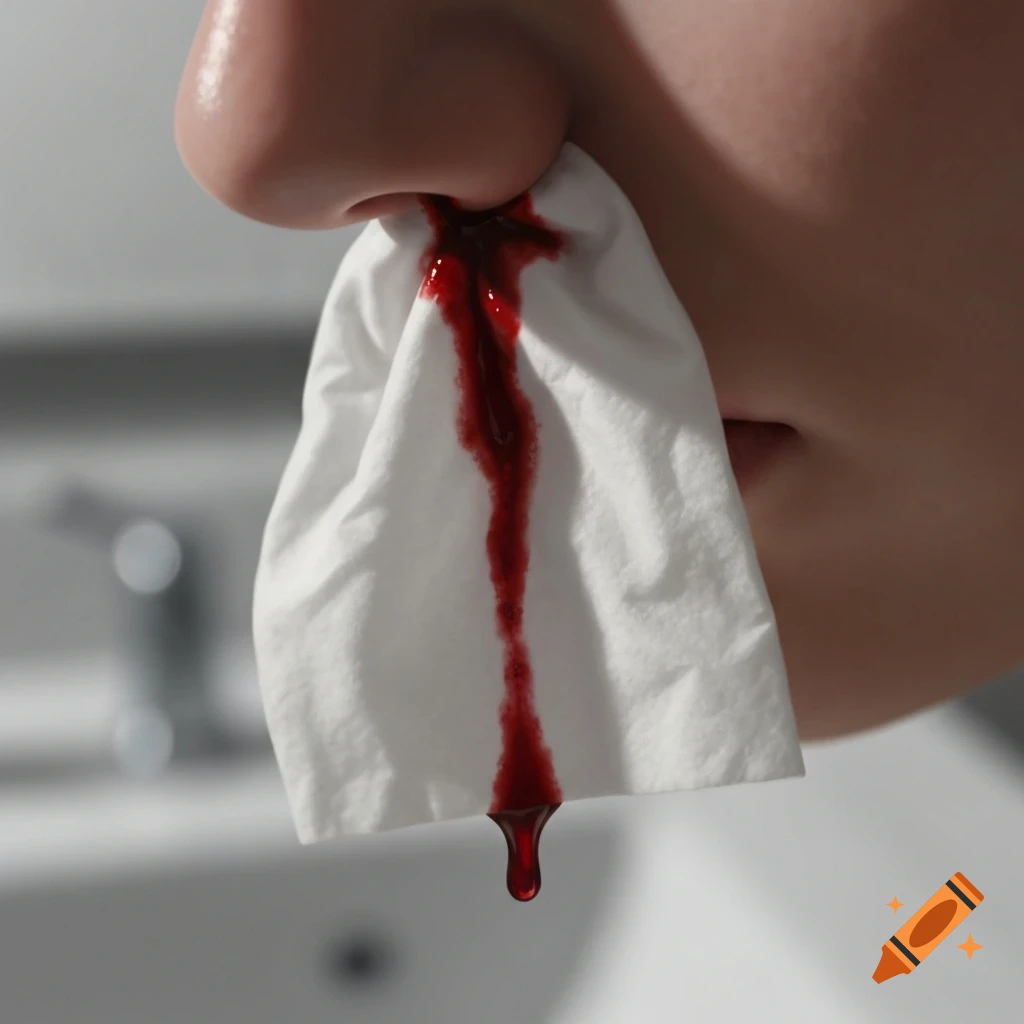 A close-up, realistic shot of a person experiencing a nosebleed, with blood dripping onto a white tissue.