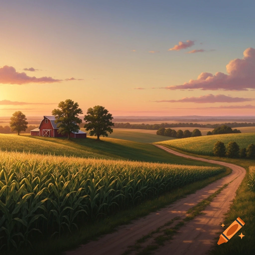 A dirt road winds through a vibrant green cornfield towards a red barn and trees on a hill under a beautiful orange and blue sunset sky.