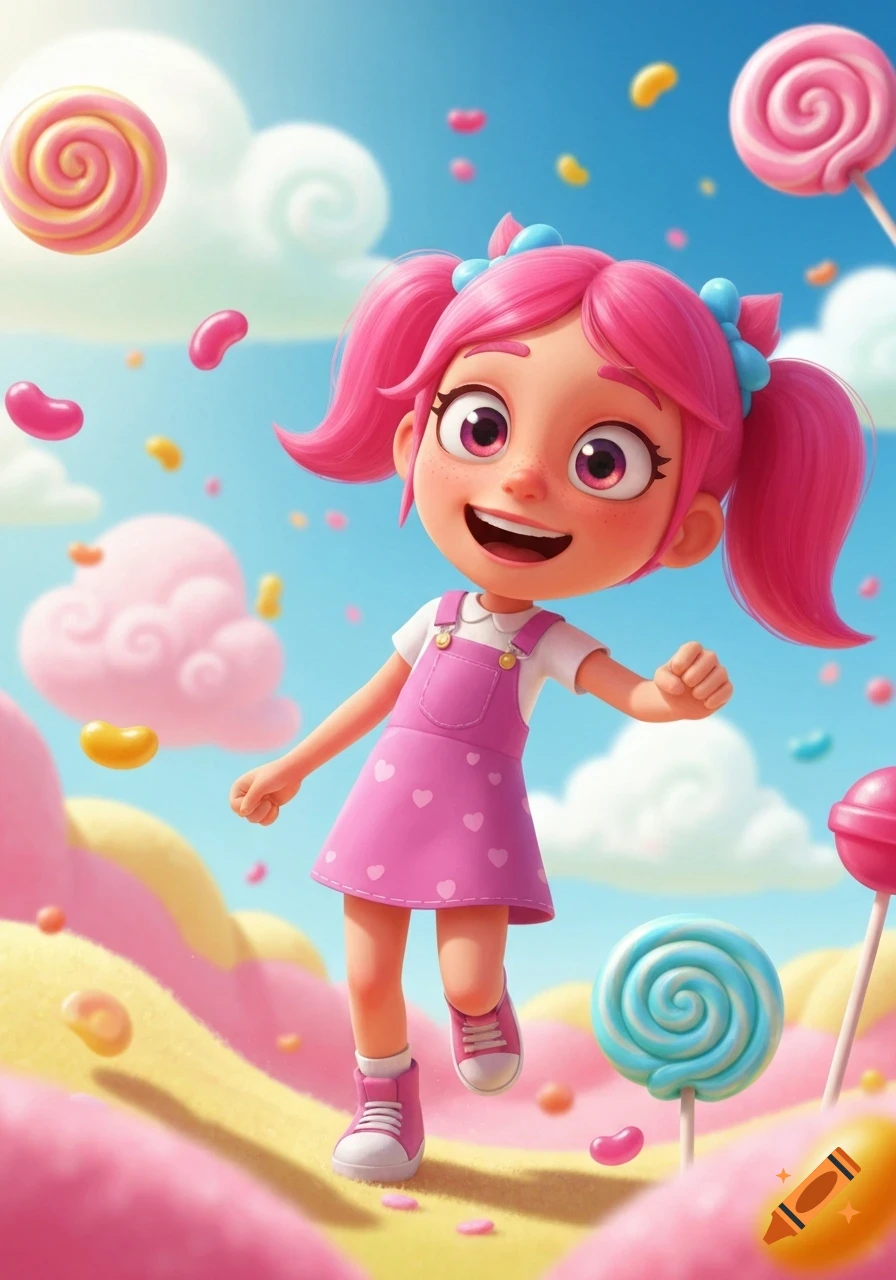 A joyful cartoon girl with bright pink pigtails and a pink dress walks through a vibrant candy land with lollipops and jelly beans under a blue sky.