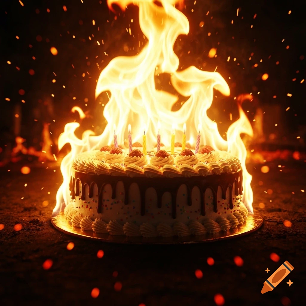 A decorated birthday cake with lit candles engulfed in bright flames and sparks against a dark background.