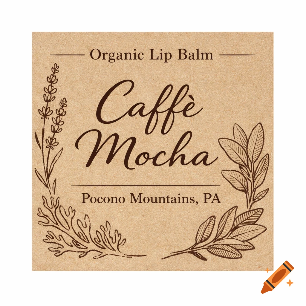 A square kraft paper-colored label for "Organic Lip Balm Caffè Mocha" from "Pocono Mountains, PA," framed by outline illustrations of lavender, coral, and sage branches.