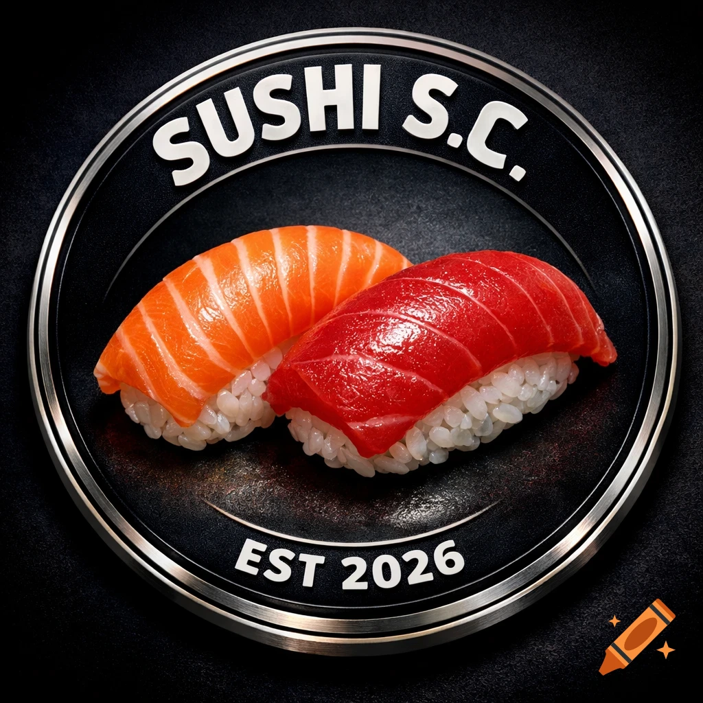 A circular black and silver emblem features two realistic nigiri sushi, one salmon and one tuna, with text "SUSHI S.C." and "EST 2026".