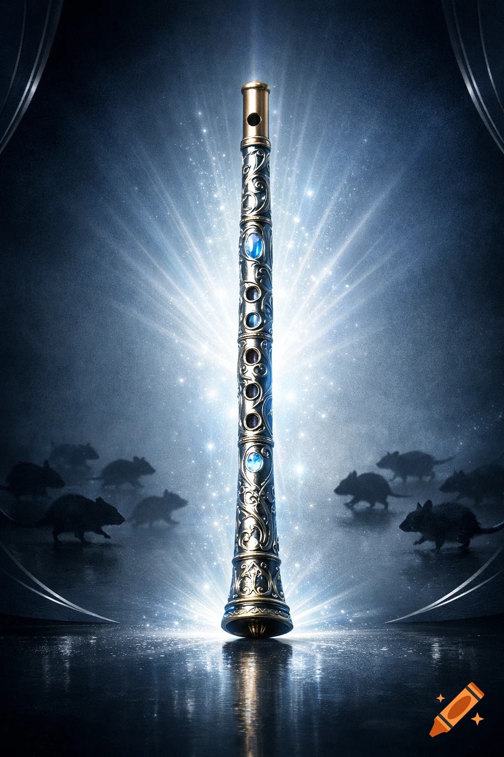 An ornate silver and gold flute glows brightly, surrounded by scurrying rat silhouettes on a dark, reflective surface.
