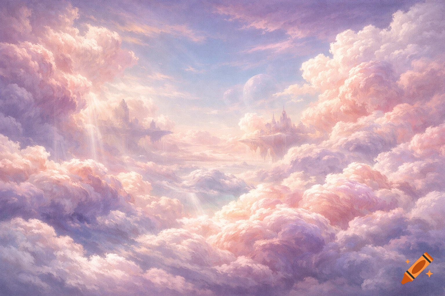 Ethereal landscape of soft pink and purple clouds with distant floating fantasy castles in a pastel sky.