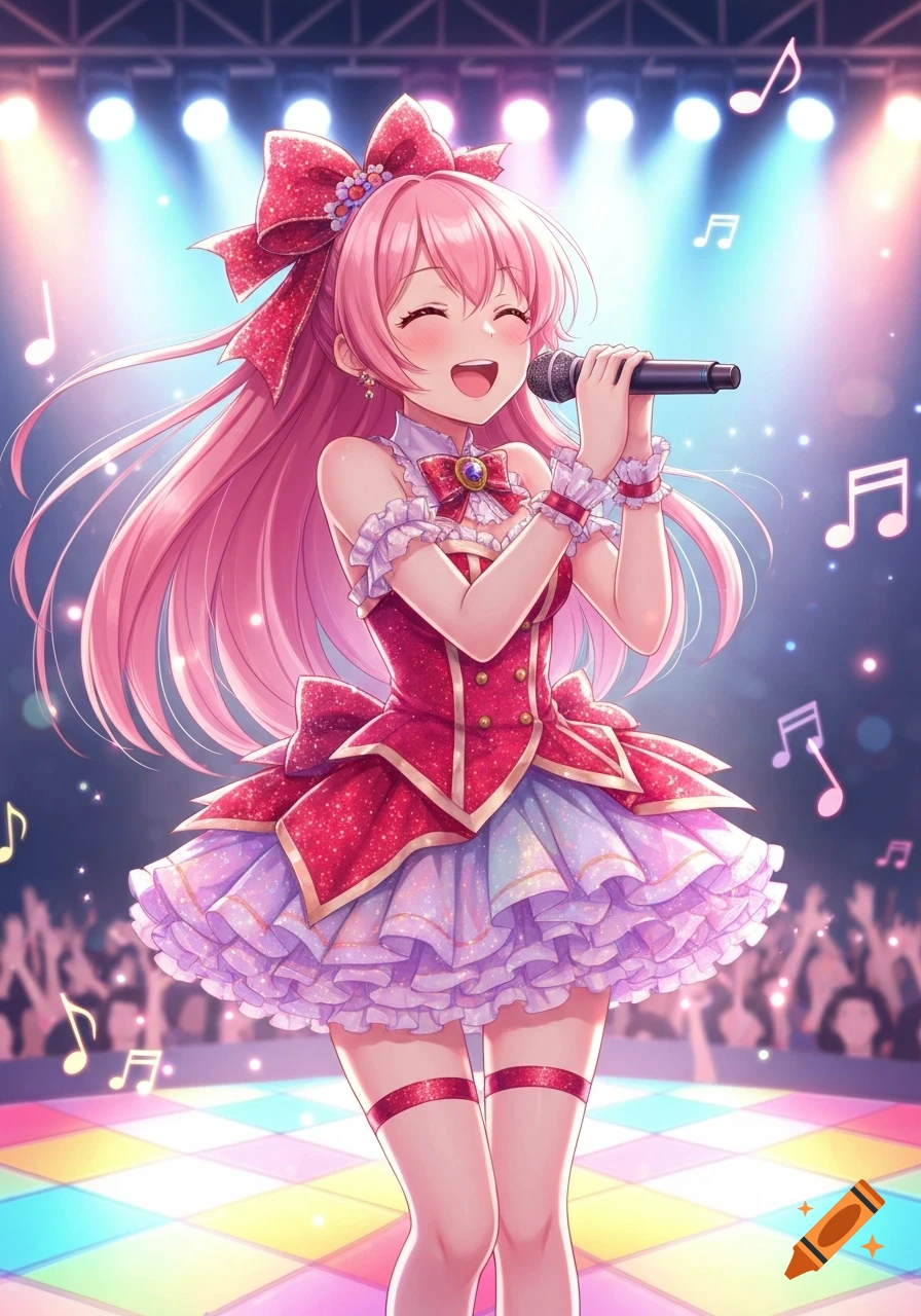Smiling anime idol girl with pink hair in a sparkly red and pastel outfit, singing on a colorful stage with spotlights and floating music notes.