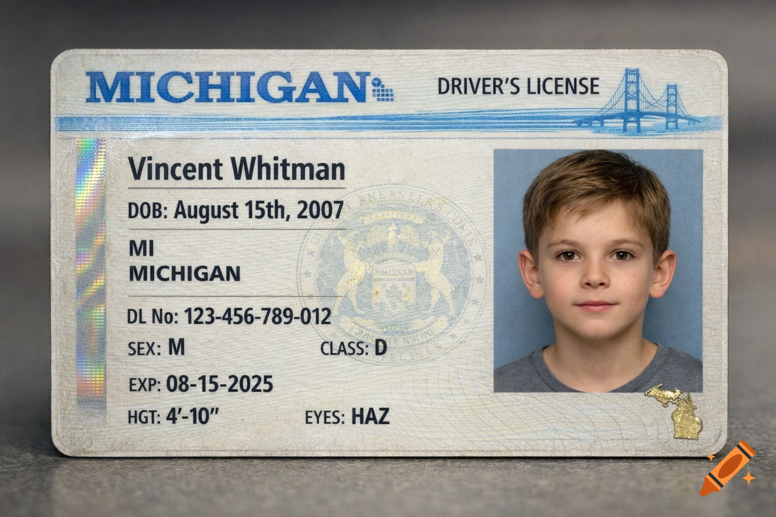 Close-up of a realistic Michigan driver's license with the name Vincent Whitman, August 15th, 2007 birthdate, and a photo of a young boy.