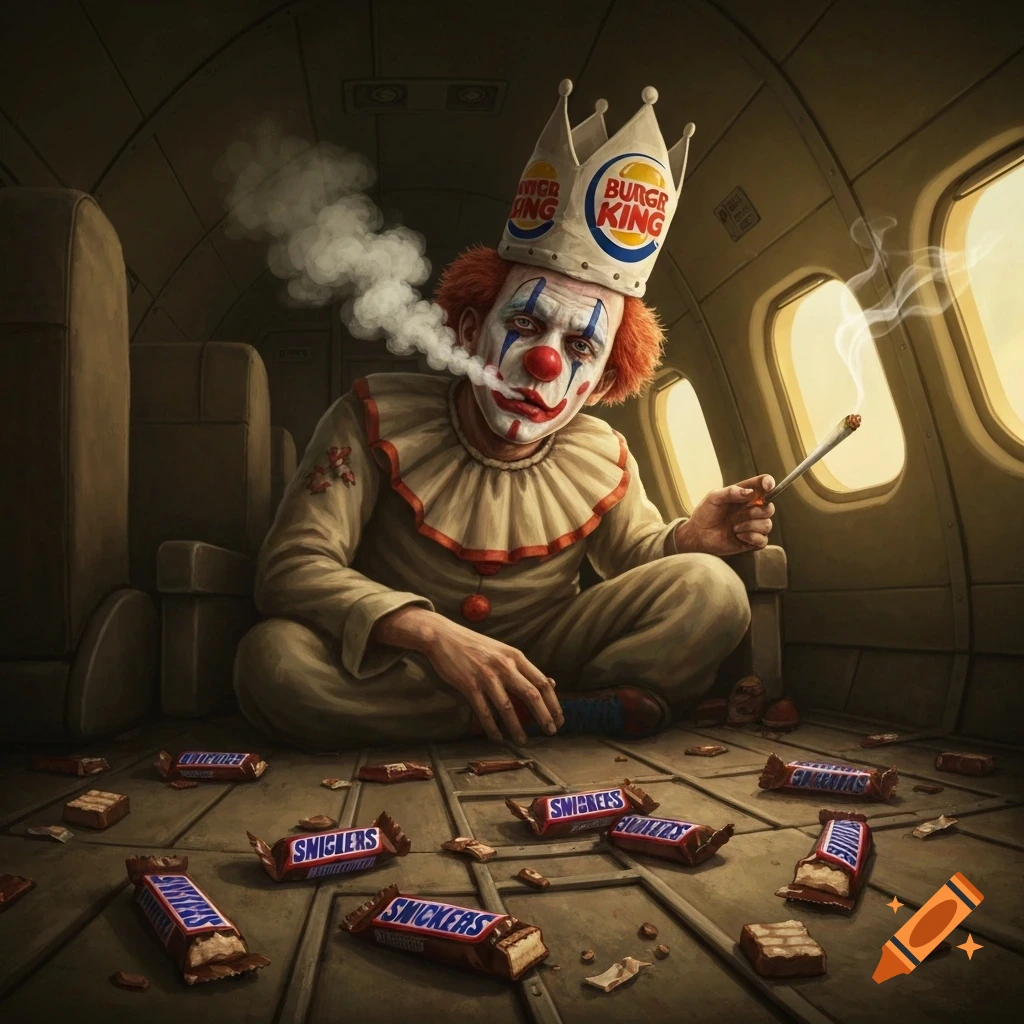 A clown wearing a Burger King crown sits on an airplane floor, smoking and surrounded by Snickers candy bars.