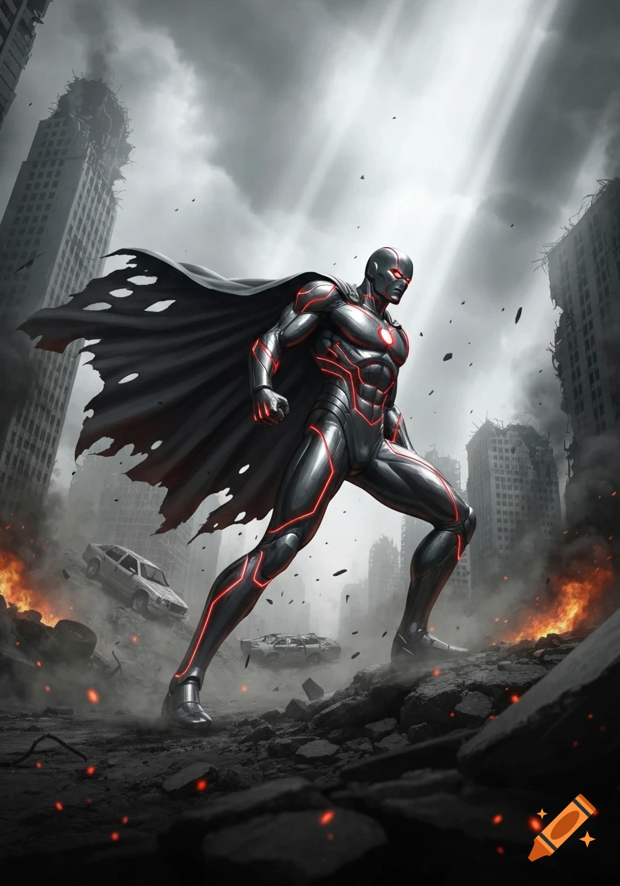 A superhero in a sleek black and red suit with a tattered cape stands in a ruined city with burning debris, dramatic lighting.