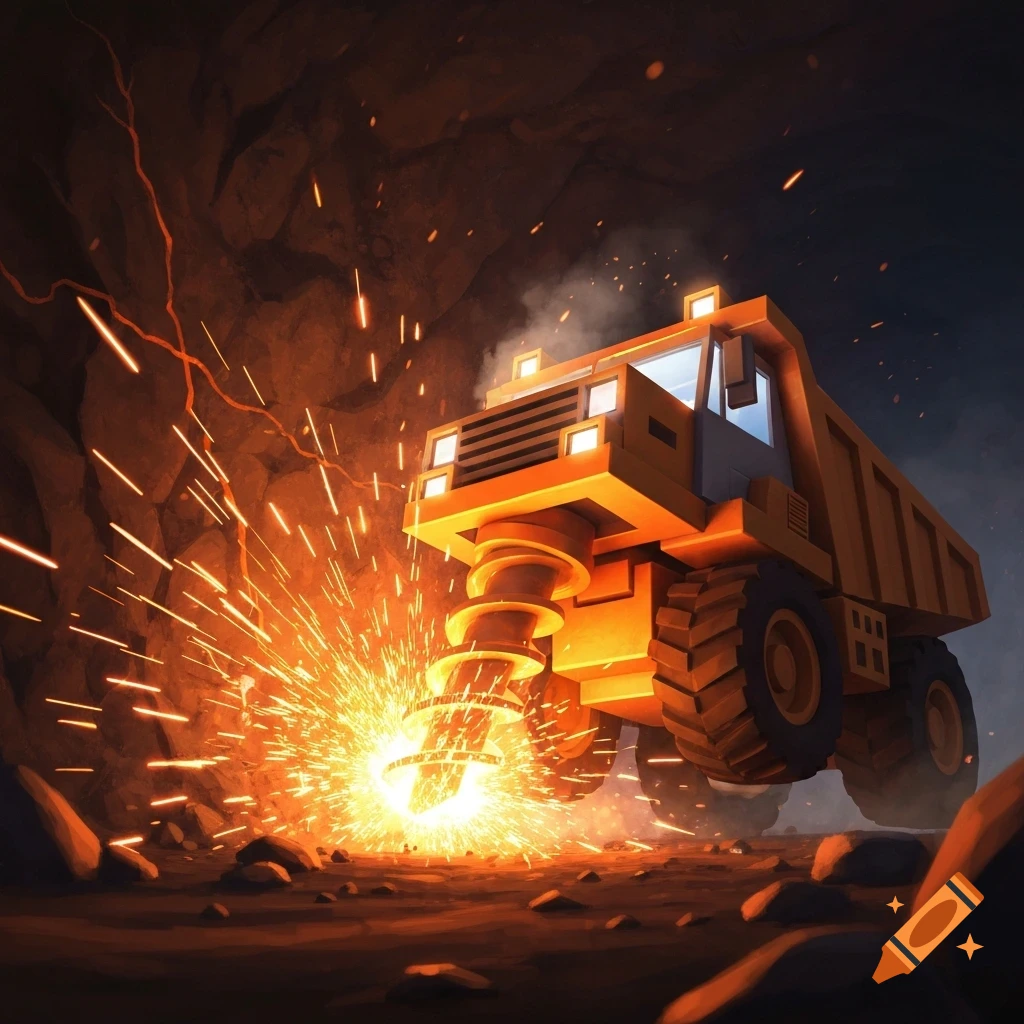 A blocky, yellow mining truck drills into dark underground rock, emitting bright orange sparks and a glow.