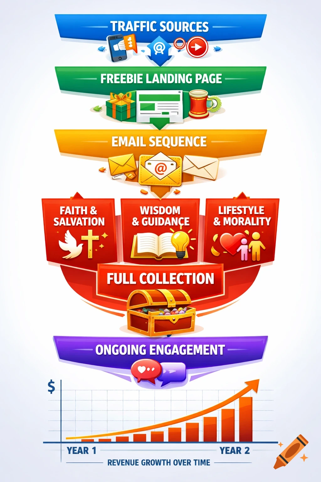A colorful marketing funnel infographic illustrating traffic sources, freebie landing page, email sequence, faith & salvation, wisdom & guidance, lifestyle & morality, full collection, and ongoing engagement, leading to a revenue growth chart over time.