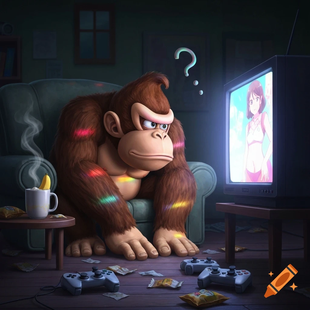 Donkey Kong sits confused on a sofa, watching an anime girl on a retro TV, with game controllers and snacks on the floor.