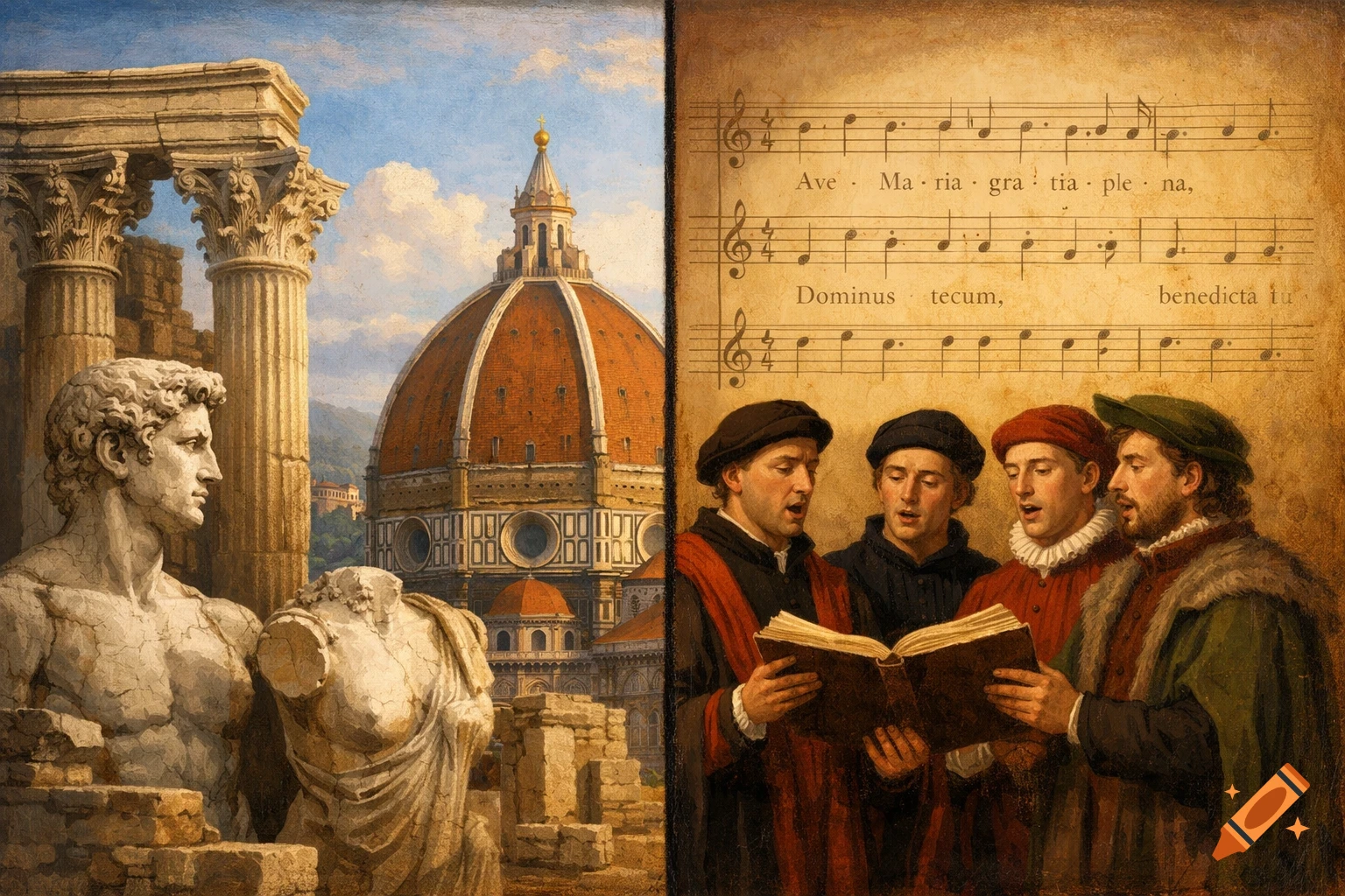 A split image showing classical statues and Florence Cathedral on the left, and four Renaissance-era men singing from sheet music on the right.
