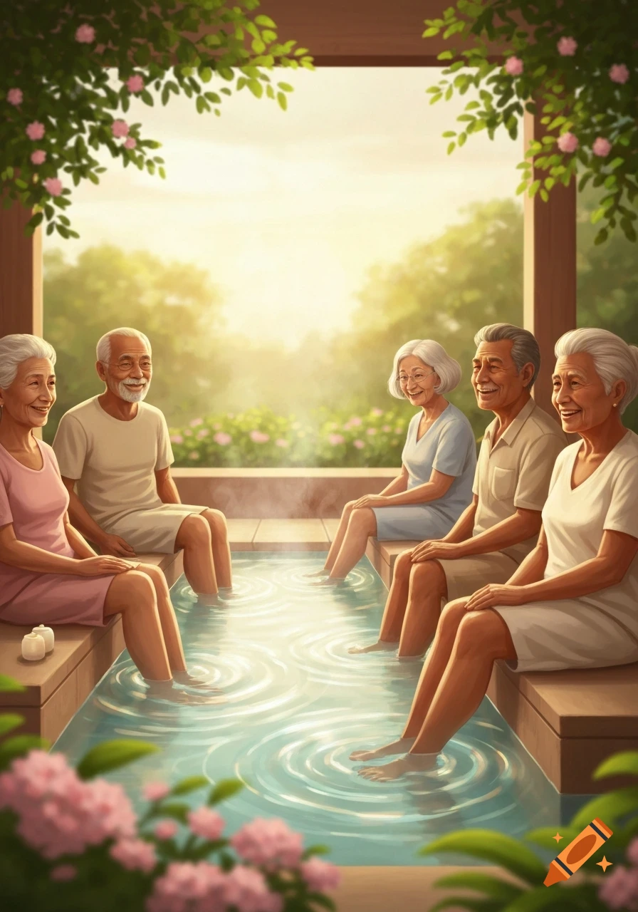 Smiling seniors relax in an outdoor foot bath surrounded by lush green foliage under a sunny sky.