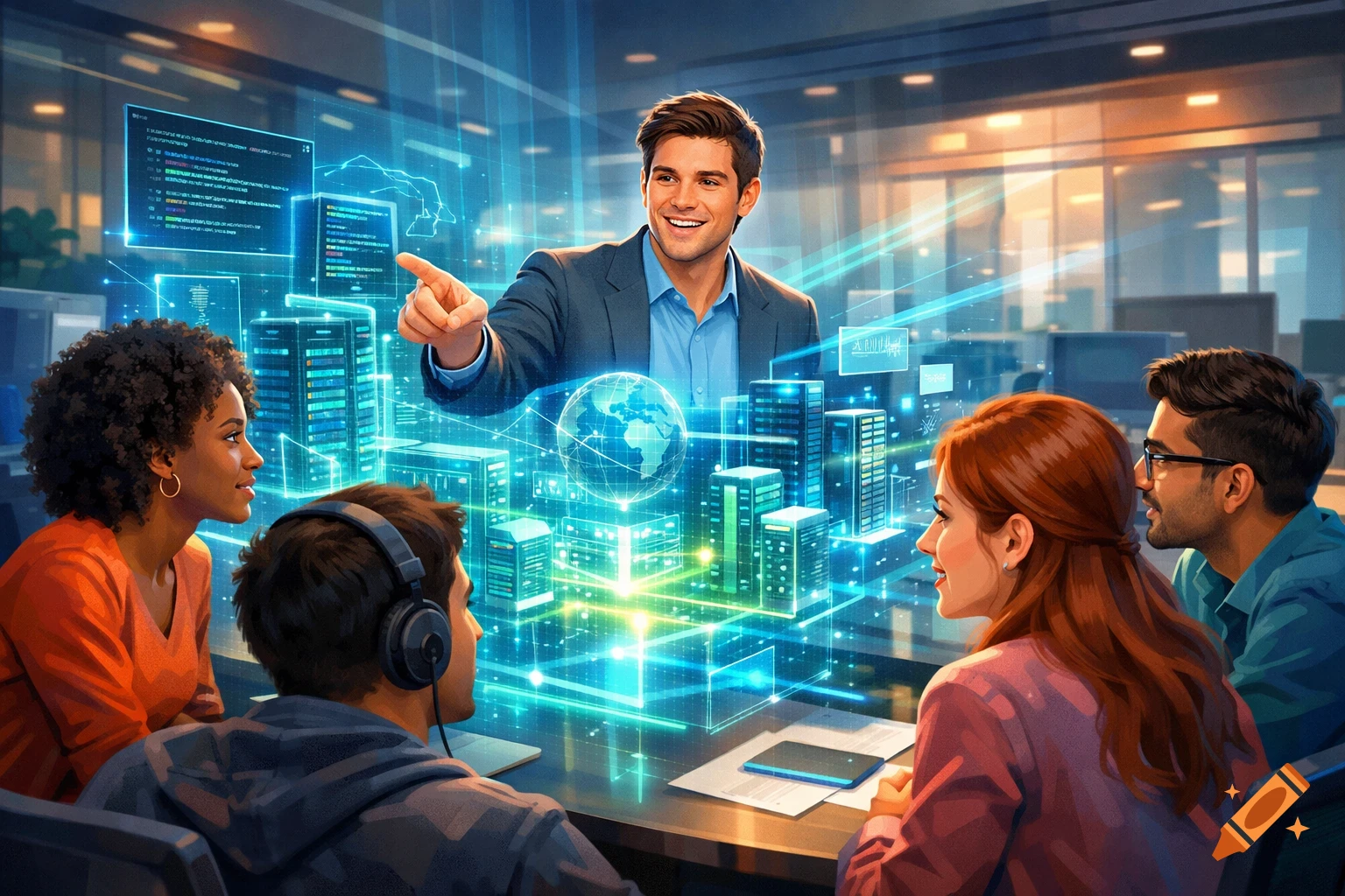 Diverse professionals attend a holographic presentation on computer systems in a modern office, a man points to data.