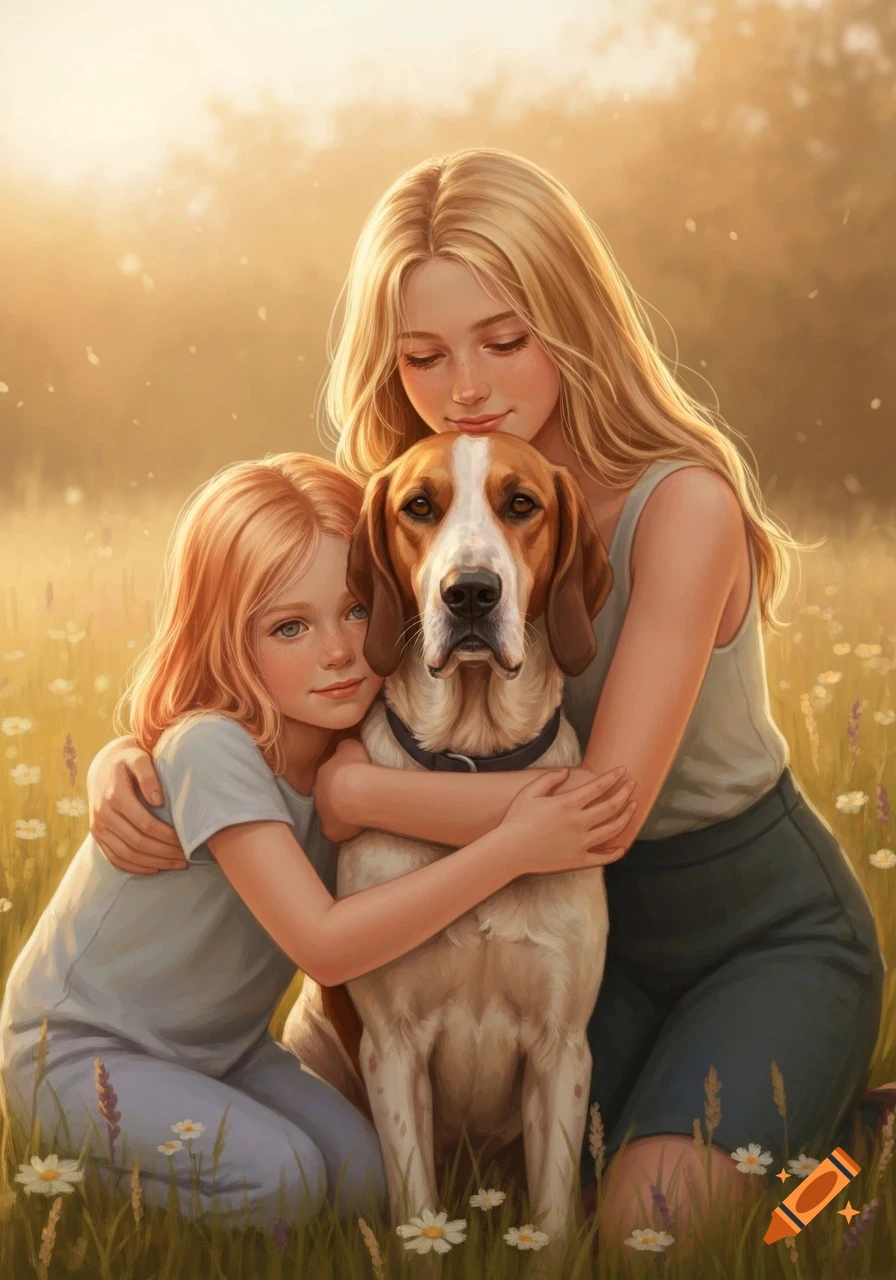 A blond girl and a younger red-haired girl embrace a brown and white hound dog in a sunny field of wildflowers, in an illustrated style.