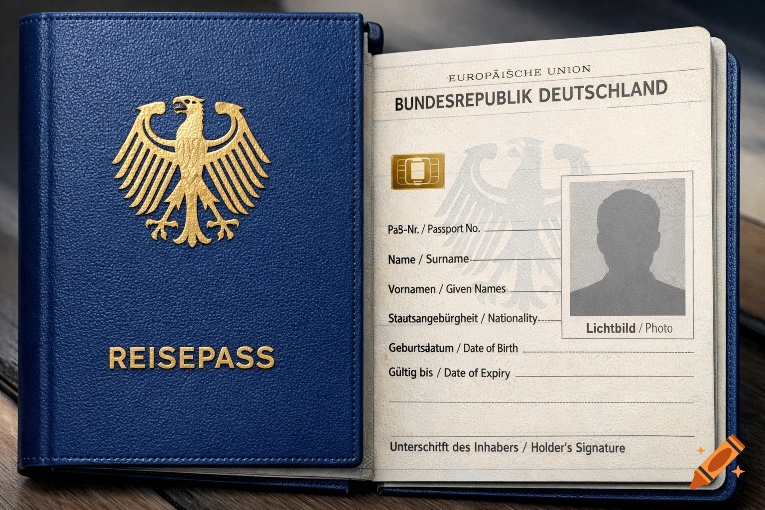 An open German passport with a golden federal eagle and "REISEPASS" on the navy blue cover, and an inner page showing blank personal data fields and a silhouette photo holder.