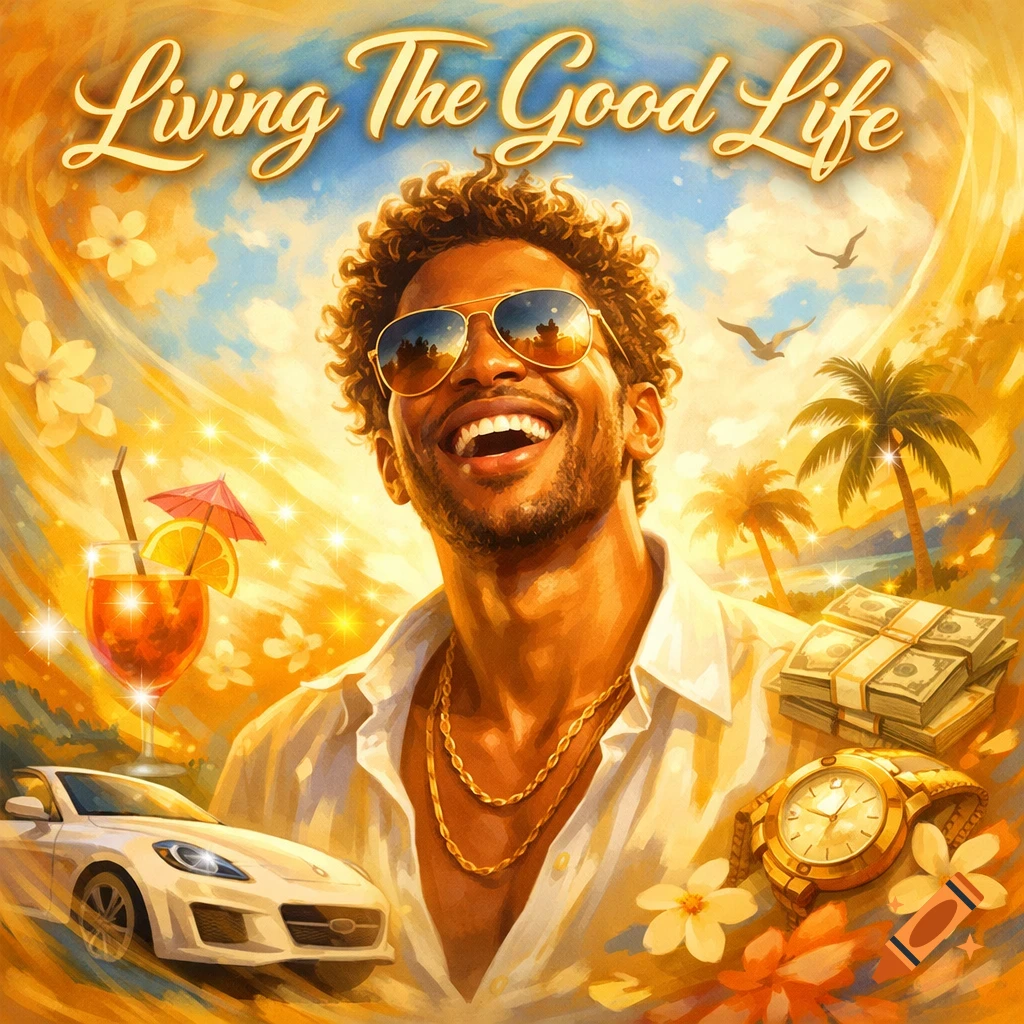 Illustrative album cover with a happy man in sunglasses, gold chains, luxury car, money, watch, cocktail, and palm trees. Text: 'Living The Good Life'.