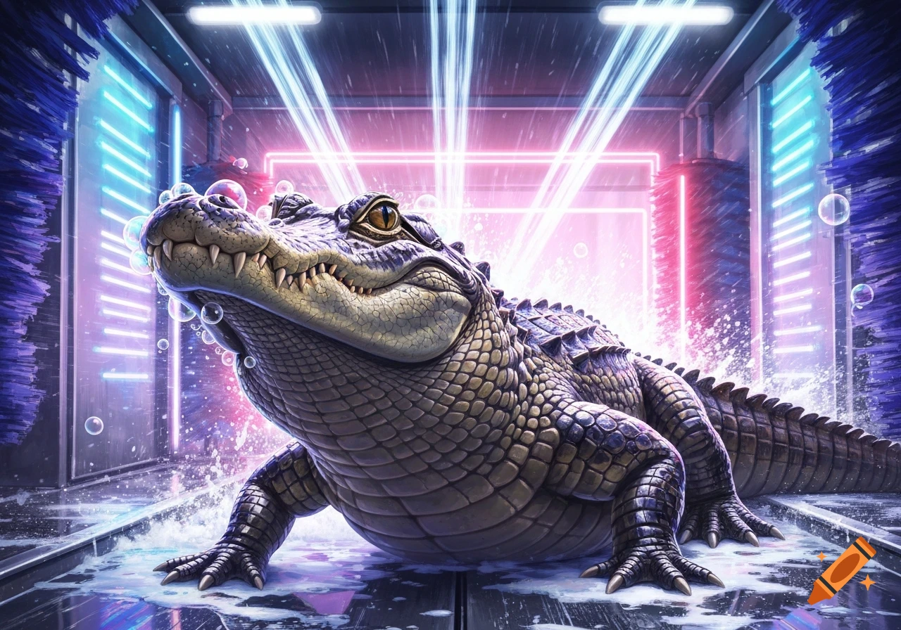 A large alligator stands in a futuristic carwash illuminated by vibrant pink and blue neon lights and splashing water.