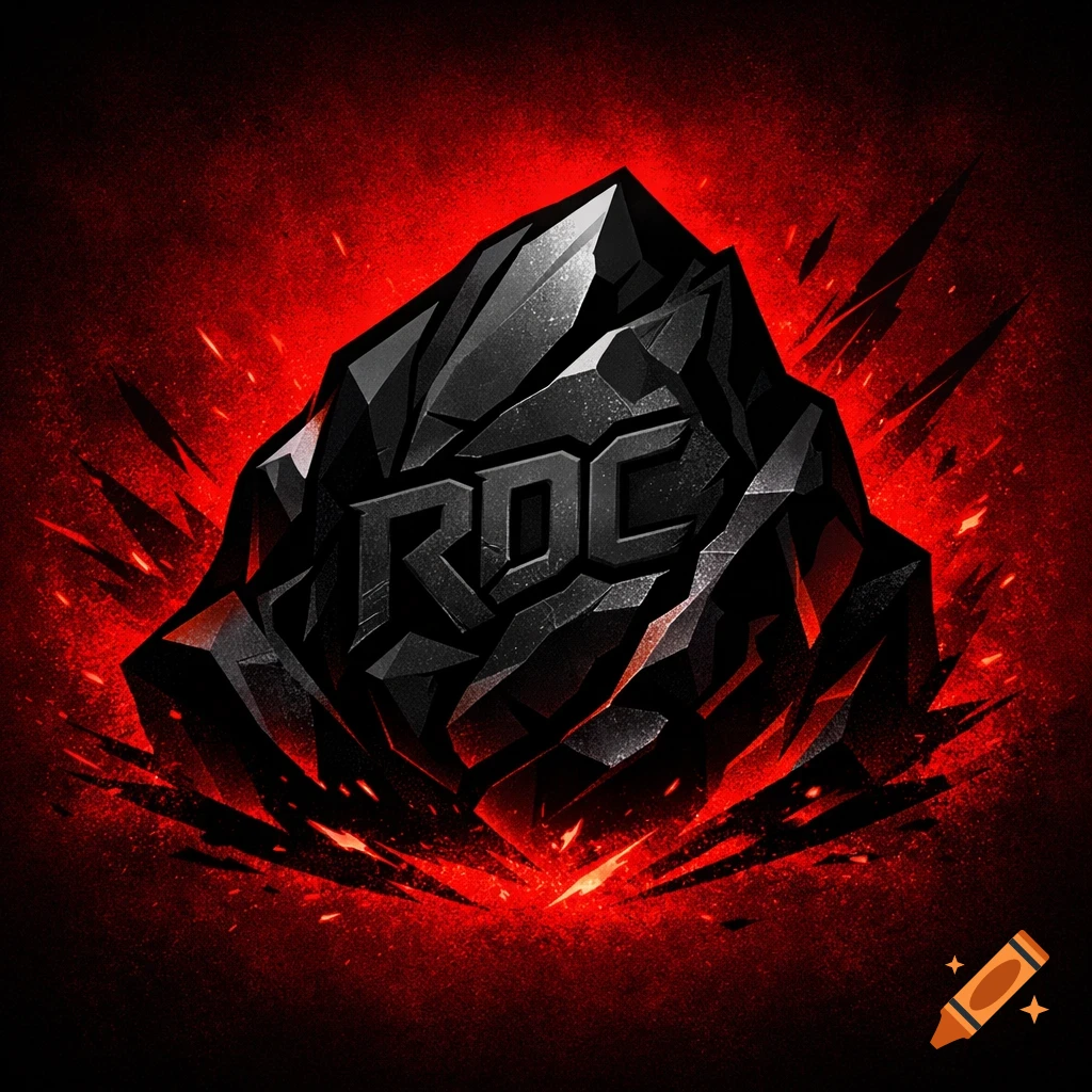 Stylized black faceted rock with 'RDC' carved into it, against a vibrant red background with abstract flares and specks, esports logo.