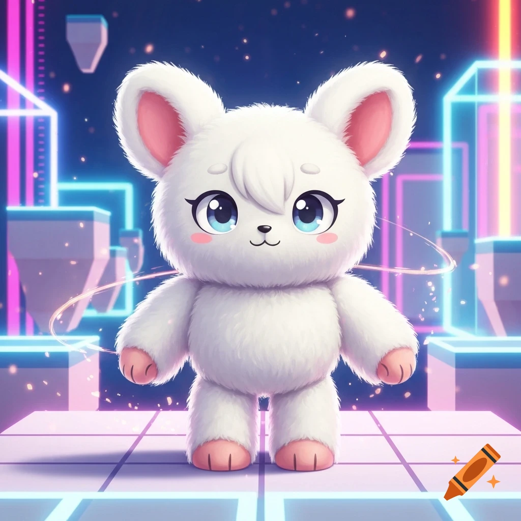 A cute, fluffy white creature with big blue eyes stands on a glowing grid in a neon-lit, cyberpunk city environment.