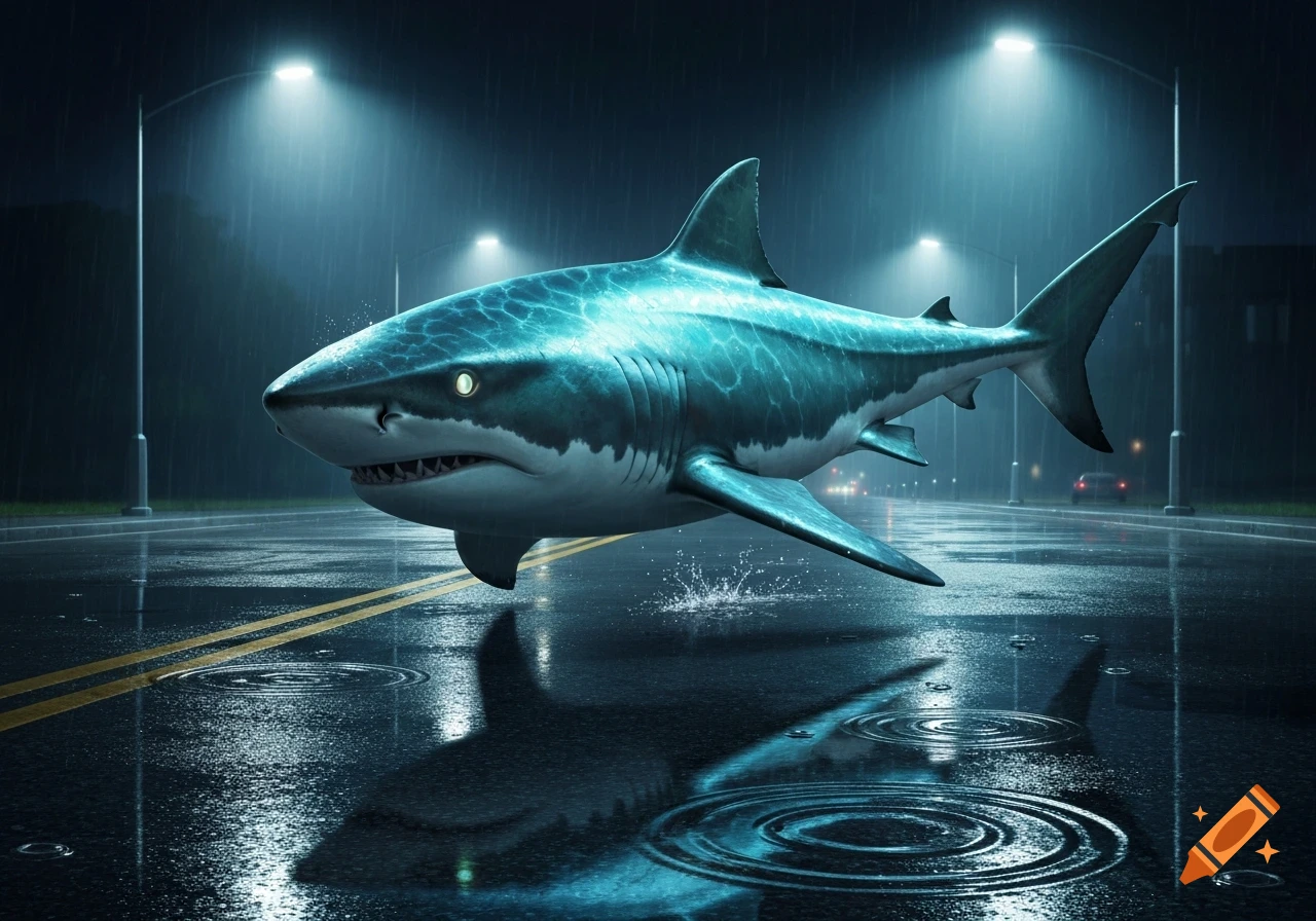 A large, teal-colored shark swims on a wet, dark city street at night, illuminated by streetlights and reflecting in puddles.