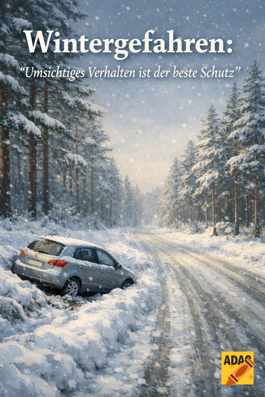 A silver car is stuck in deep snow on the side of a snowy forest road during snowfall. Text: "Wintergefahren: Umsichtiges Verhalten ist der beste Schutz" and ADAC logo.