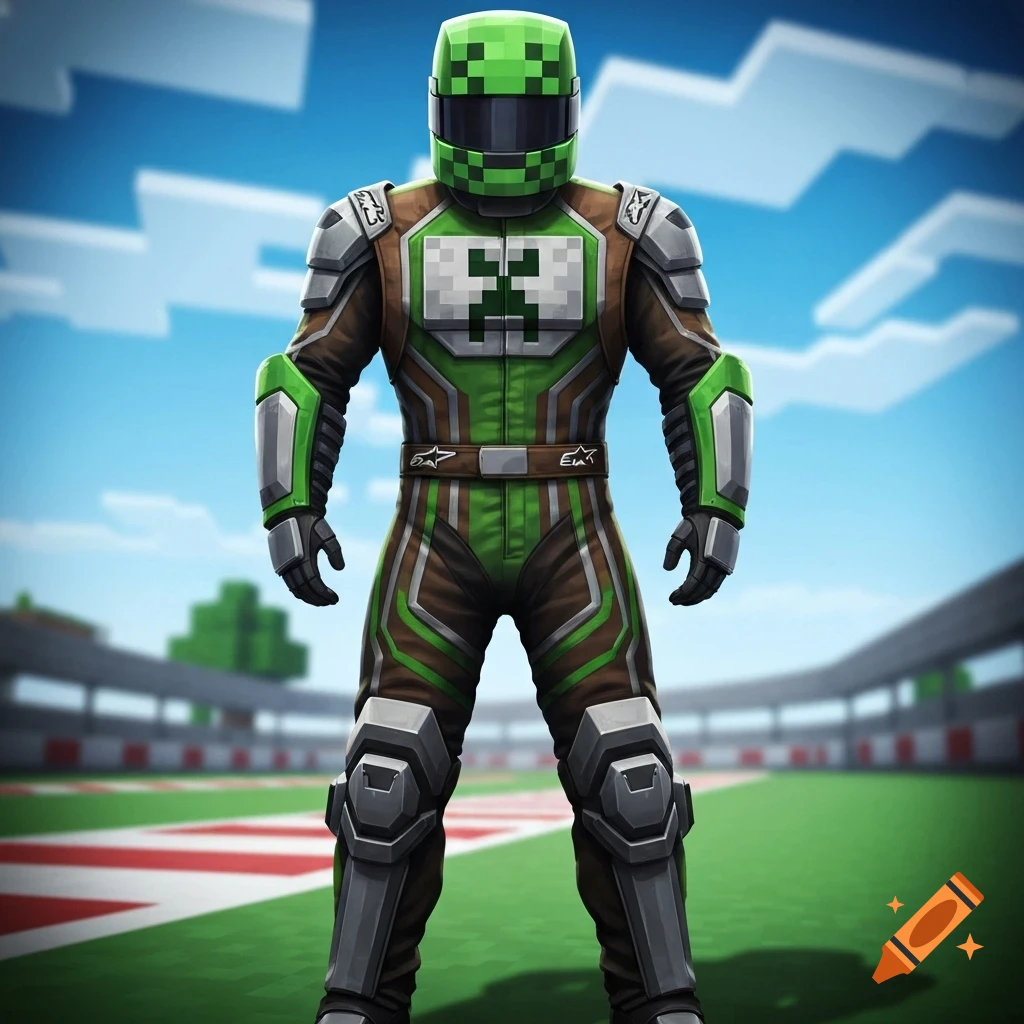 A person in a Minecraft Creeper racing suit stands on a blocky race track in a stadium.