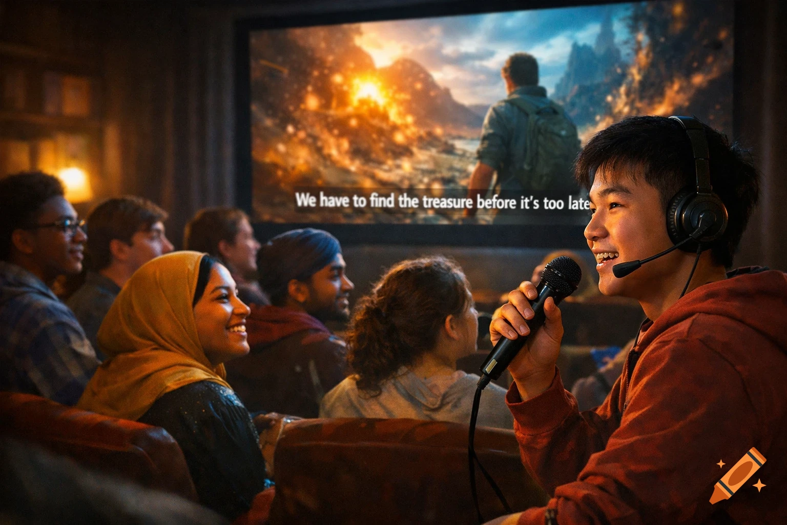 A diverse group of young adults watching a movie with subtitles on a large screen, one person speaks into a microphone.