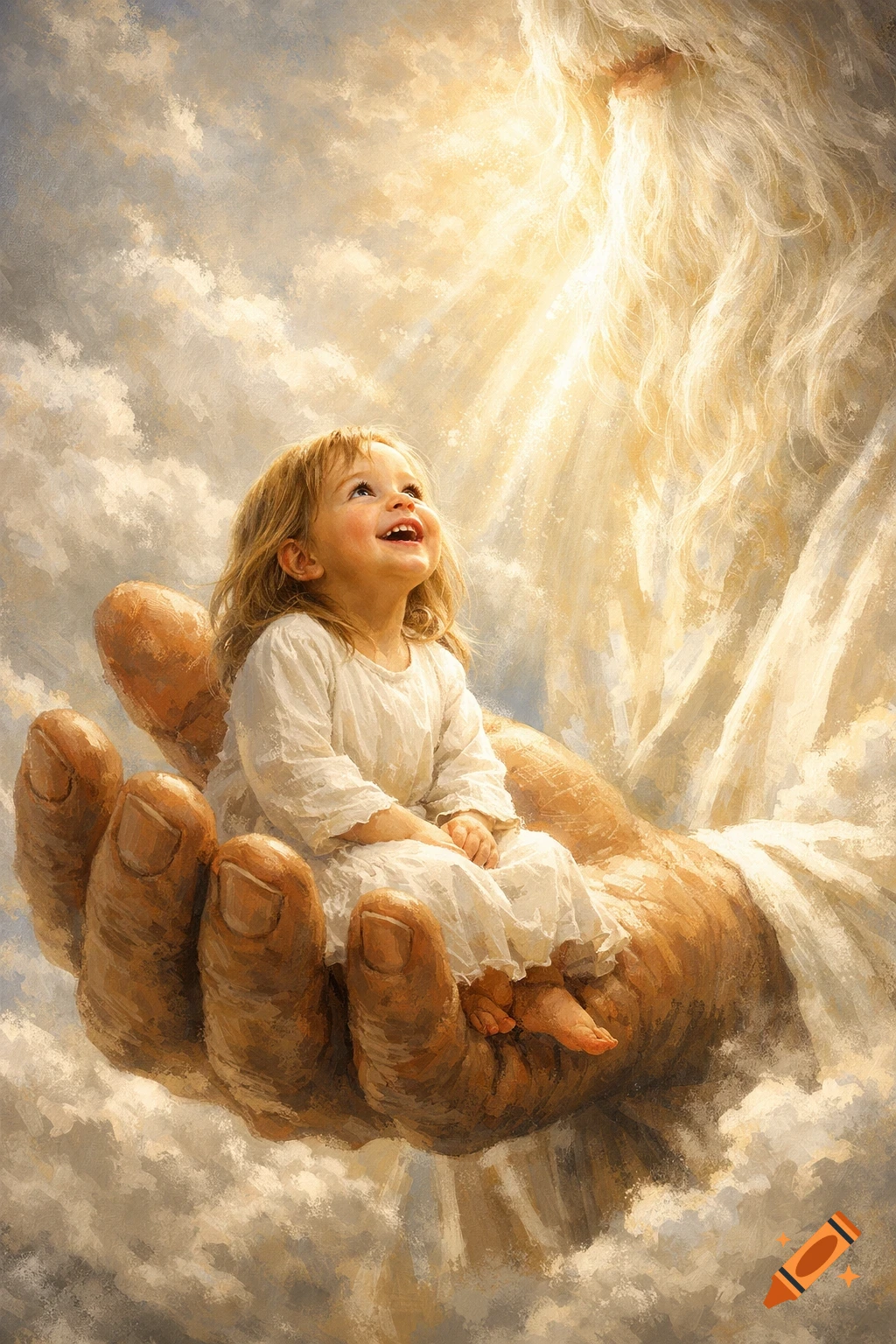 A happy little girl in a white dress sits in a giant divine hand, looking up joyfully into a bright heavenly light and a divine figure in a painterly style.