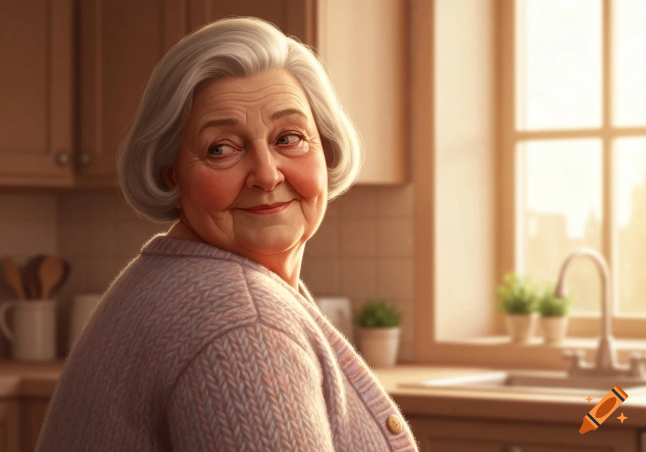 Portrait of a smiling elderly woman with gray hair looking over her shoulder in a sunlit kitchen.