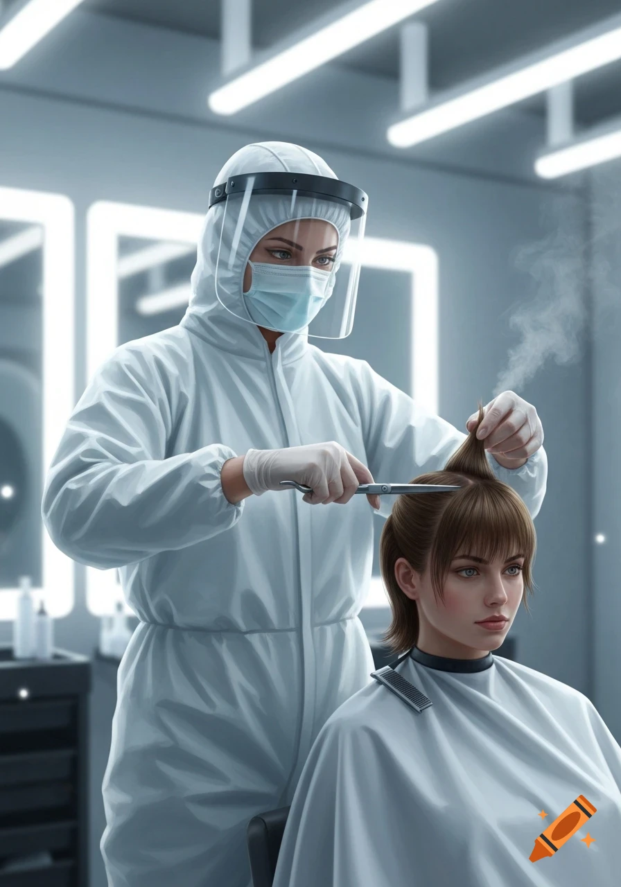 A female hairdresser in a white hazmat suit, face shield, and mask cuts the hair of a female client in a modern salon.