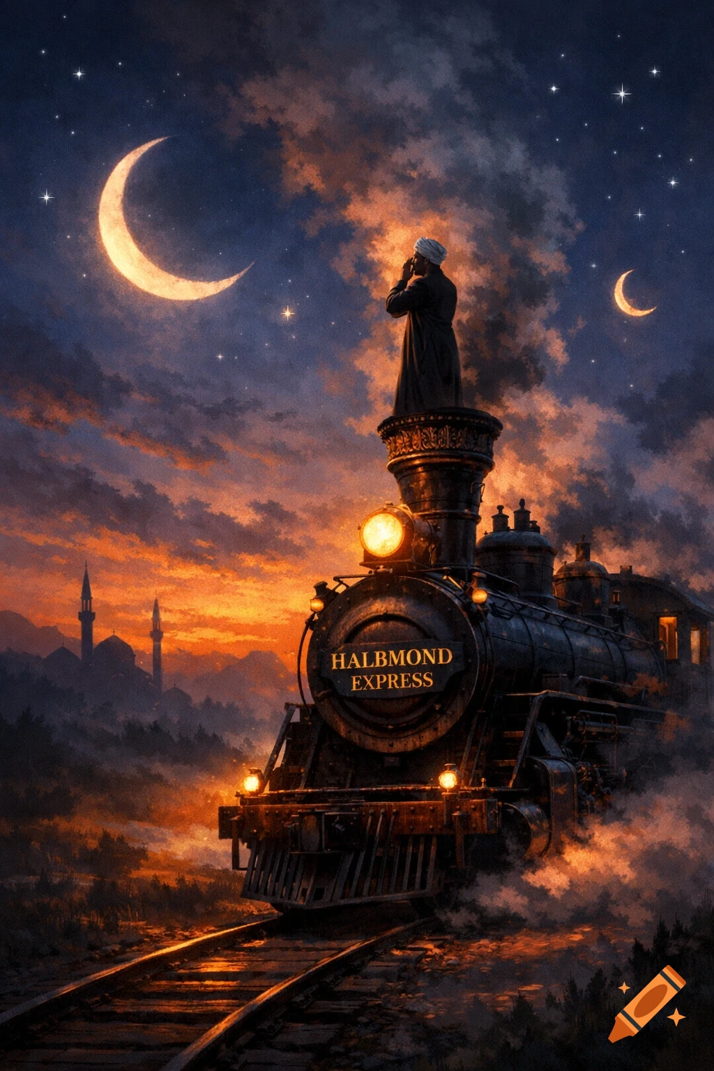 A fantasy painting of a train with 'HALBMOND EXPRESS' on its front, a muezzin on top, under a crescent moon and starry sunset sky.