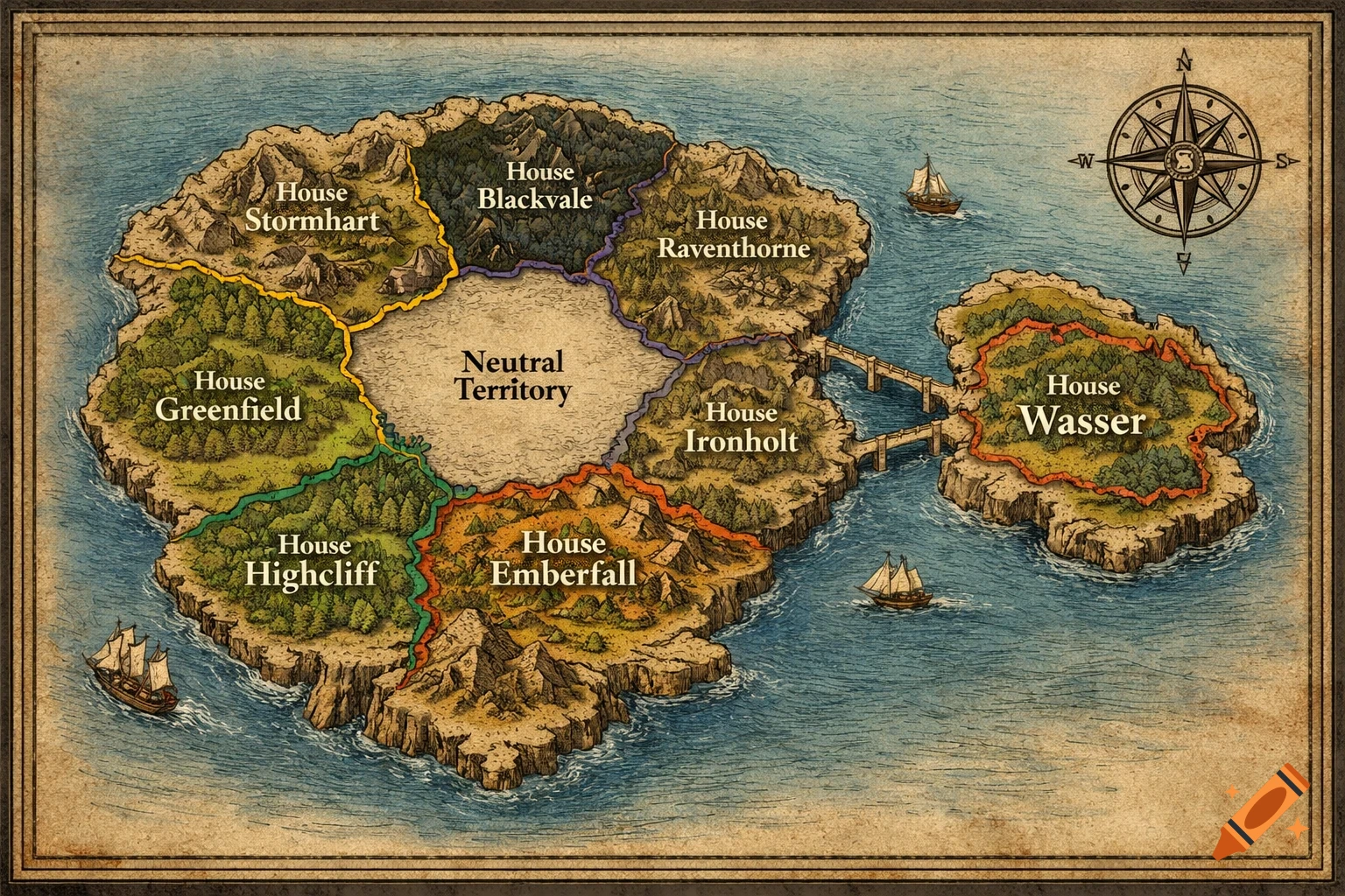 Fantasy board game map of two islands, connected by bridges, with territories including House Stormhart and Neutral Territory.