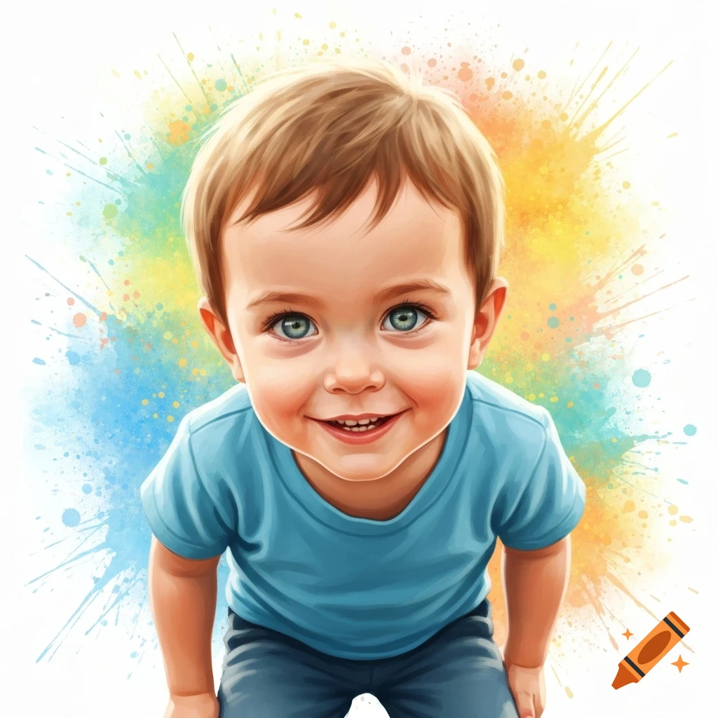 Digitally illustrated smiling child with blue eyes looking up, against a white background with colorful watercolor splashes.