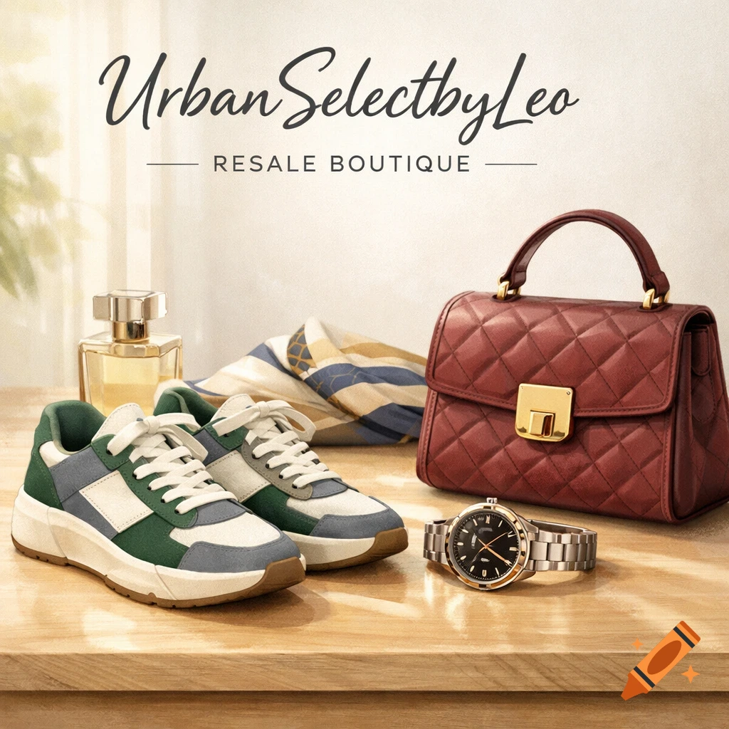 Fashion accessories including green and grey sneakers, a red quilted handbag, a silver watch, and a perfume bottle on a wooden surface, with "Urban SelectbyLeo RESALE BOUTIQUE" text.