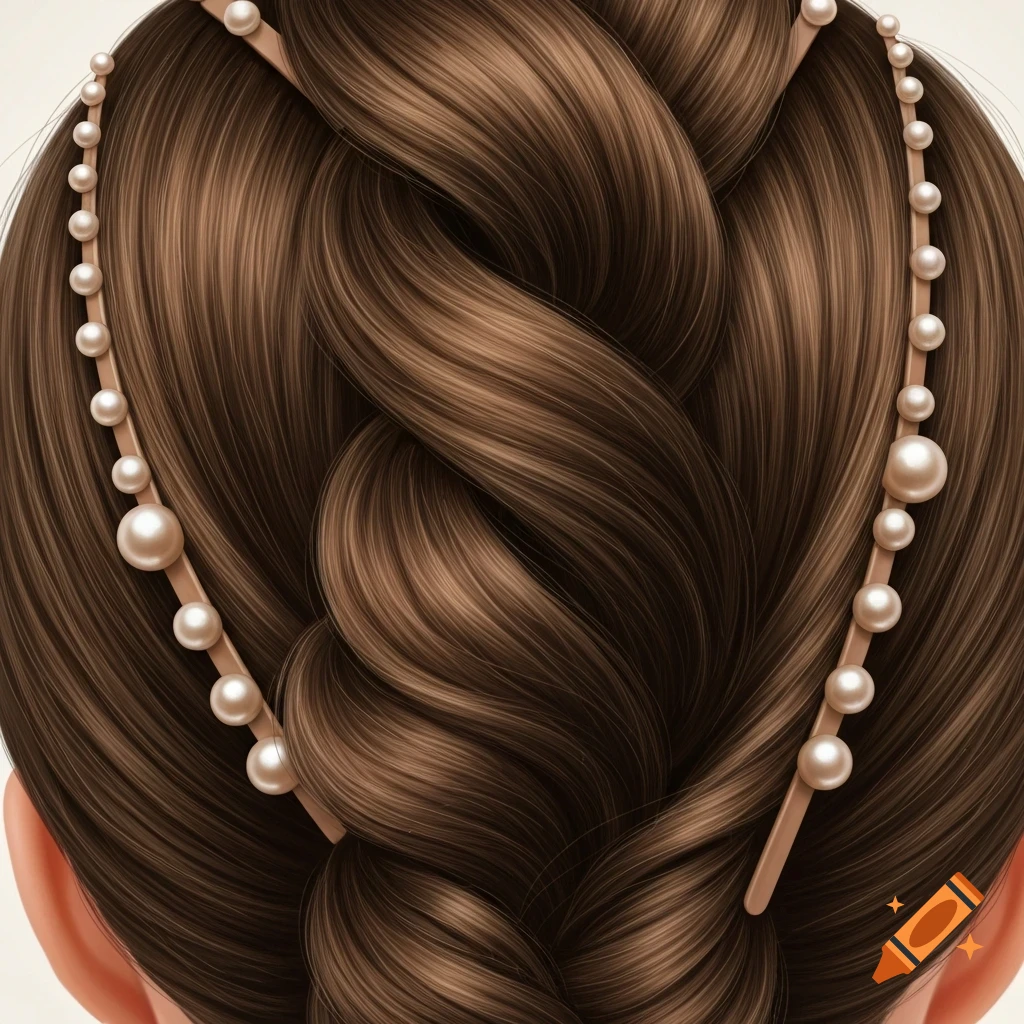 Close-up illustration of thick brown hair styled with two pearl-adorned light brown clips on either side.