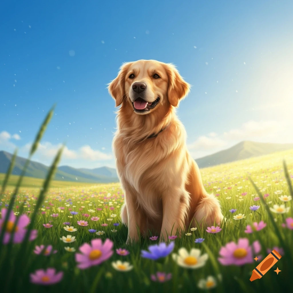 A happy Golden Retriever dog sits in a vibrant field of colorful ...