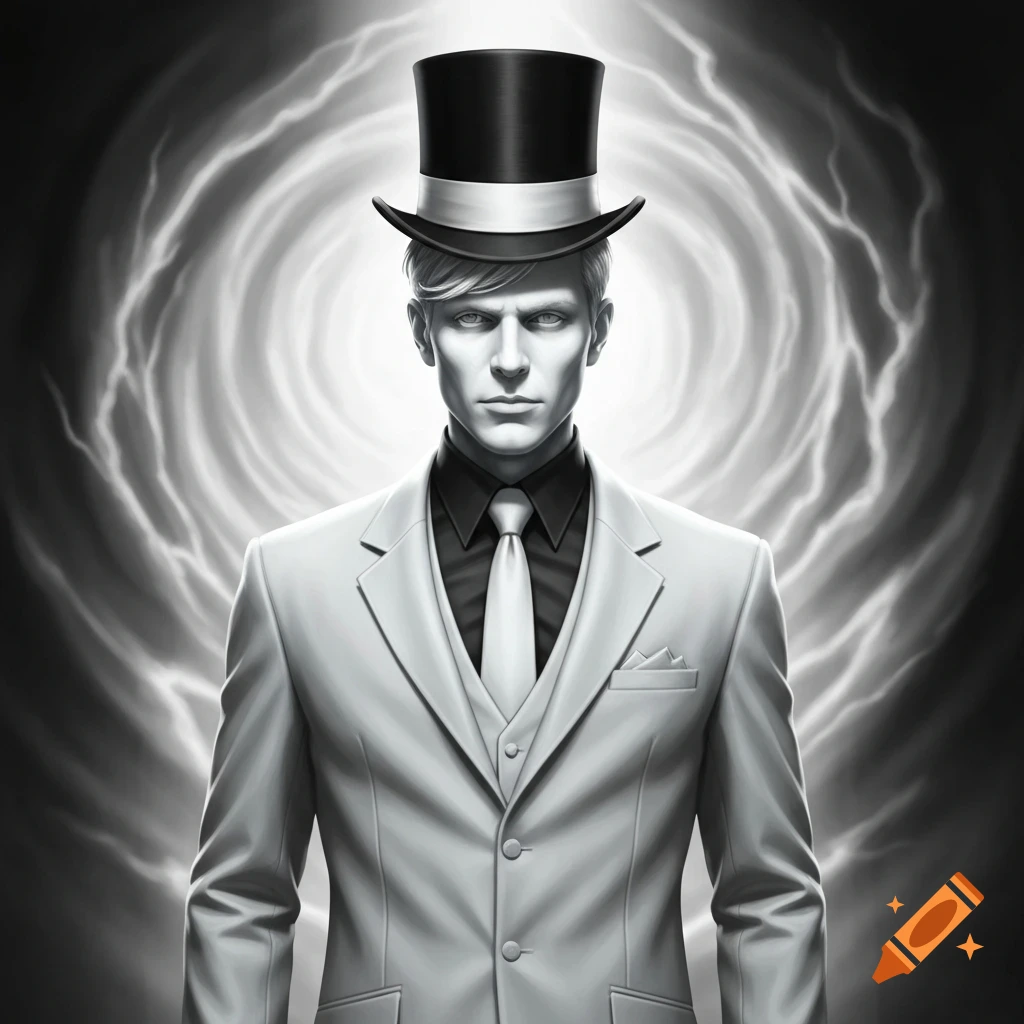 A stern man in a white suit, black shirt, white tie, and black top hat with a white stripe against a swirling monochrome background.