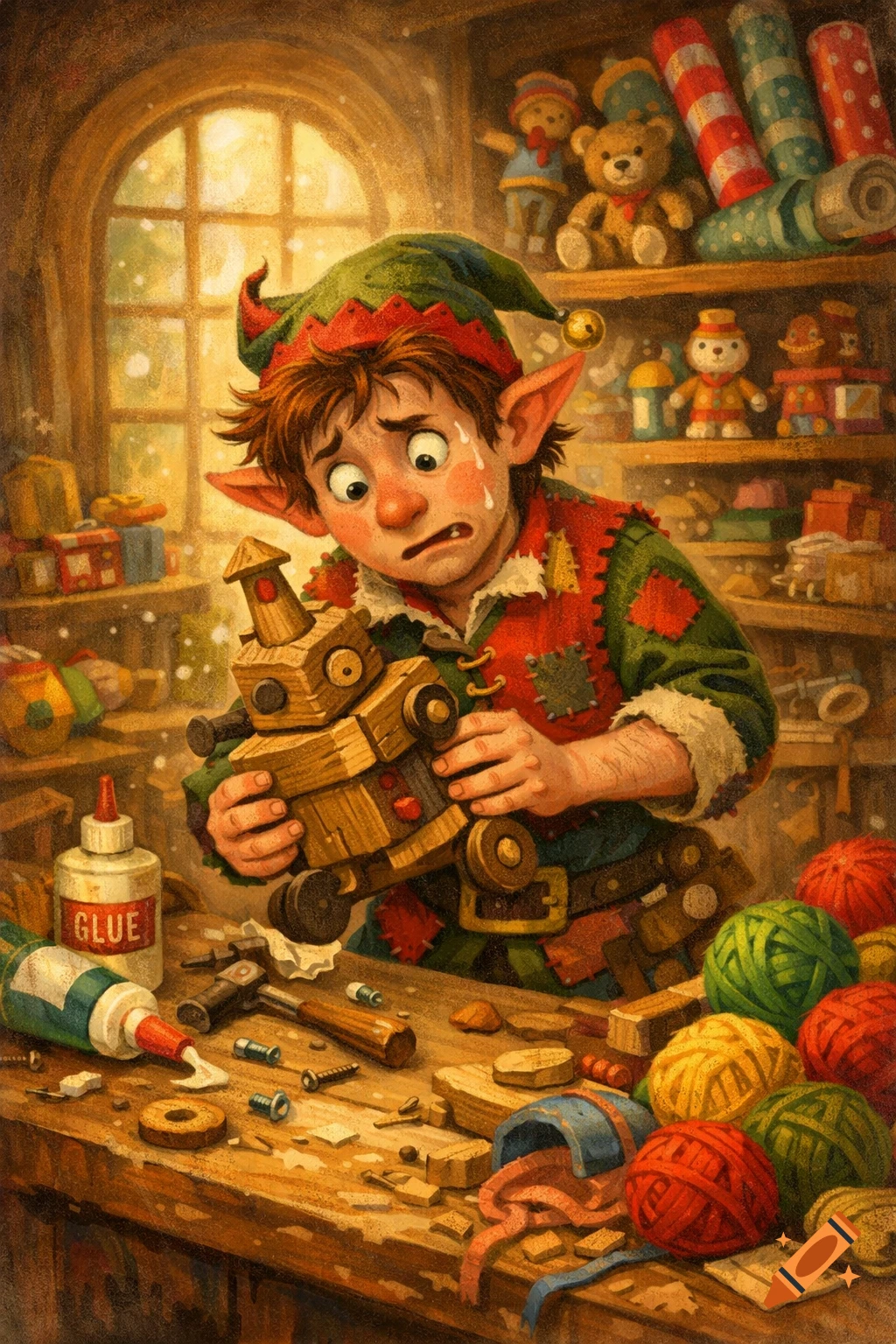 A cartoon elf with pointy ears and a green hat cries while holding a broken wooden toy in a cluttered workshop filled with crafts.