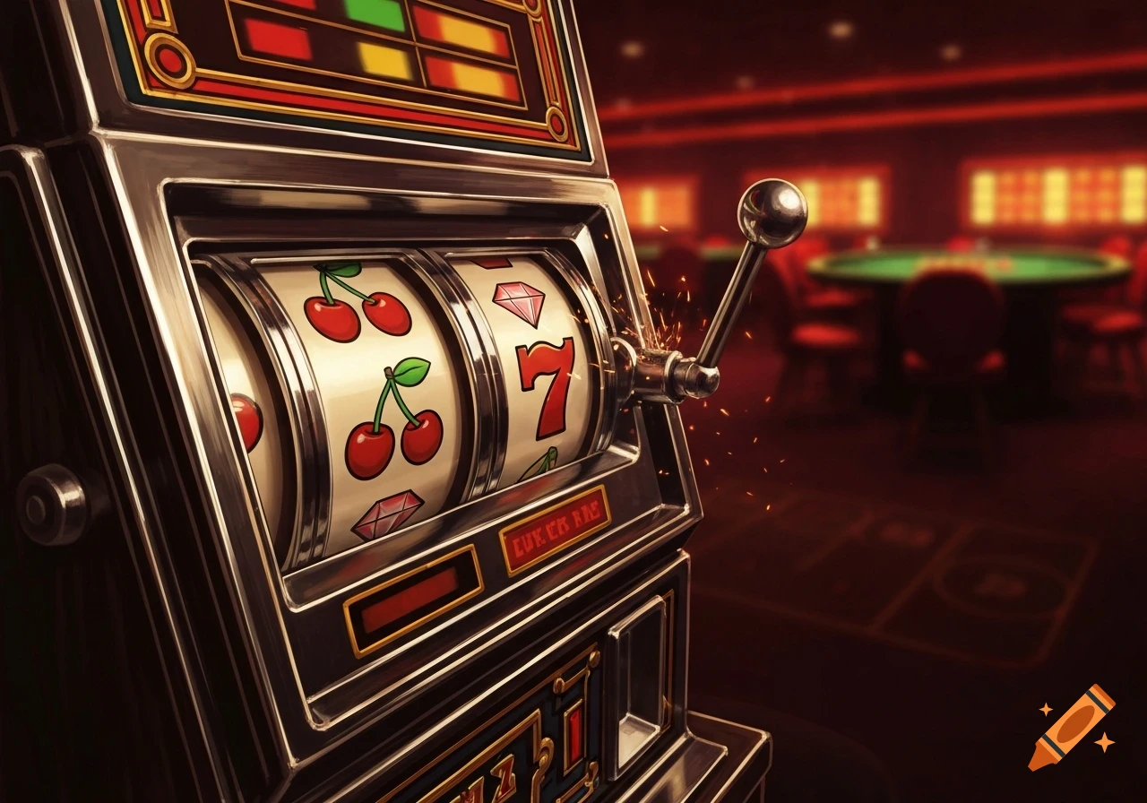 Close-up of a vintage slot machine with cherries and a 7 on the reels, lever sparking, against a blurred casino background.