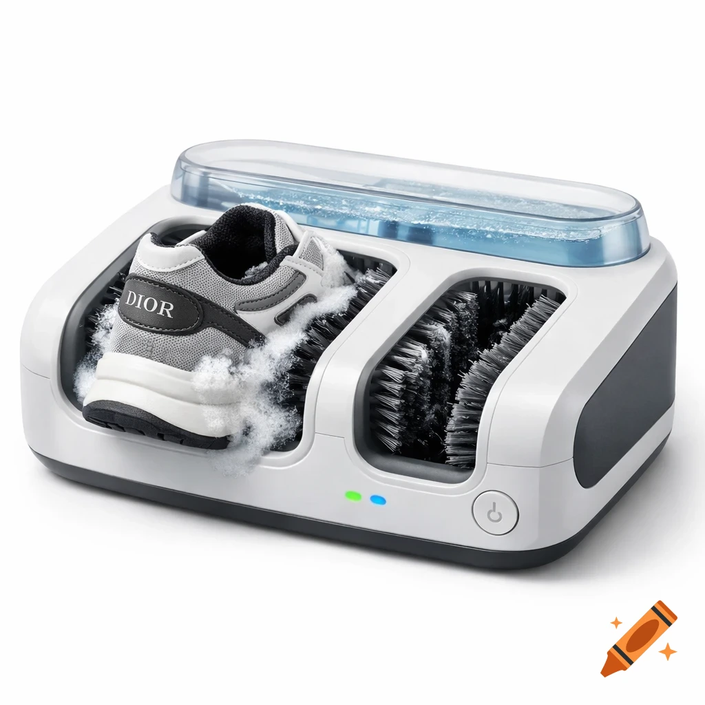 A white and grey portable shoe cleaner gadget with a Dior B30 sneaker being scrubbed by brushes and suds, on a white background.