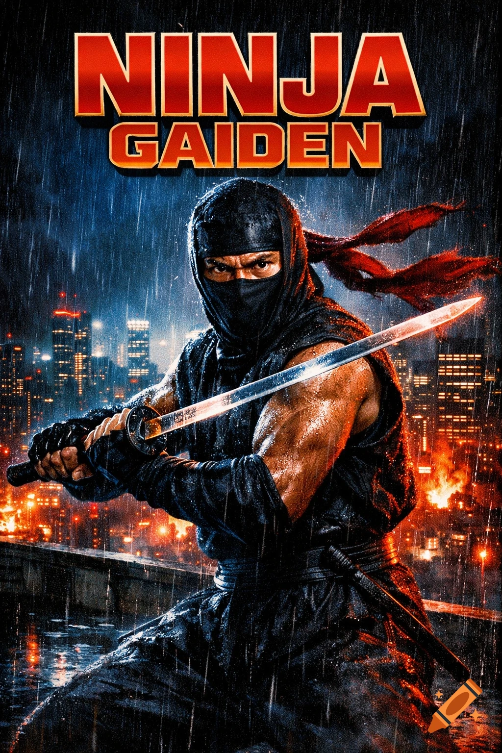 Photorealistic movie poster of a ninja warrior in black, holding a katana on a rain-soaked urban rooftop at night, with a neon city skyline. Text reads "NINJA GAIDEN".