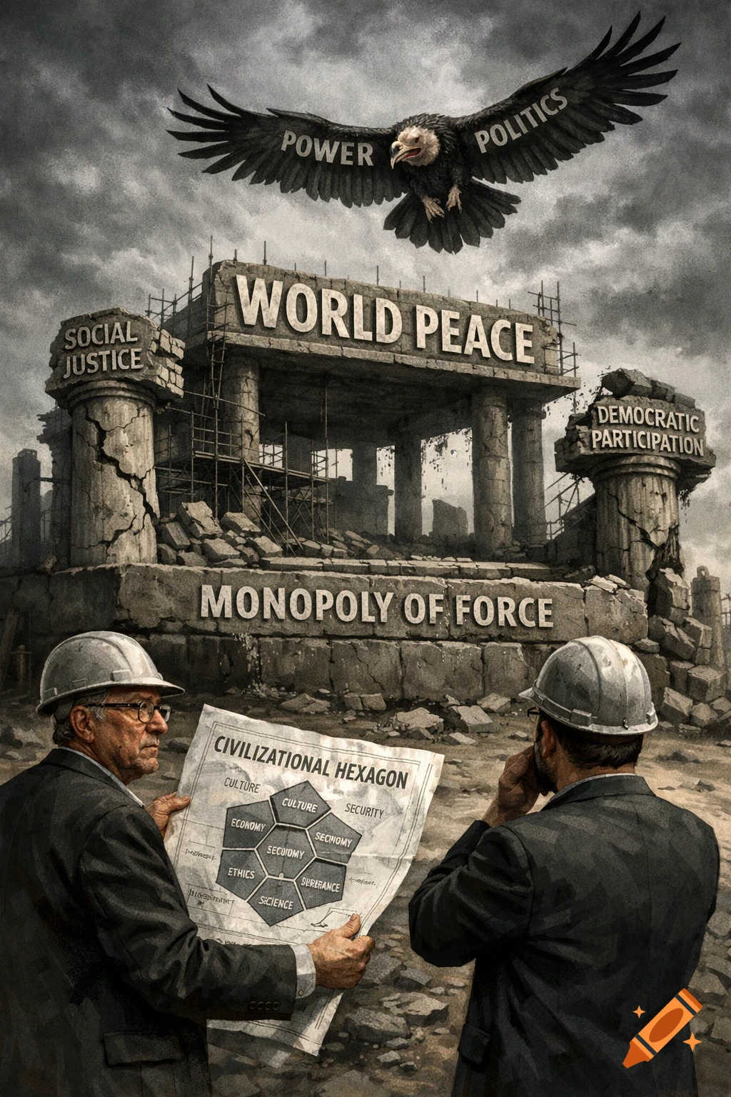 Two architects view a decaying 'WORLD PEACE' construction, with a 'MONOPOLY OF FORCE' foundation and crumbling 'SOCIAL JUSTICE' and 'DEMOCRATIC PARTICIPATION' pillars, under a 'POWER POLITICS' eagle. One holds a 'CIVILIZATIONAL HEXAGON' blueprint.