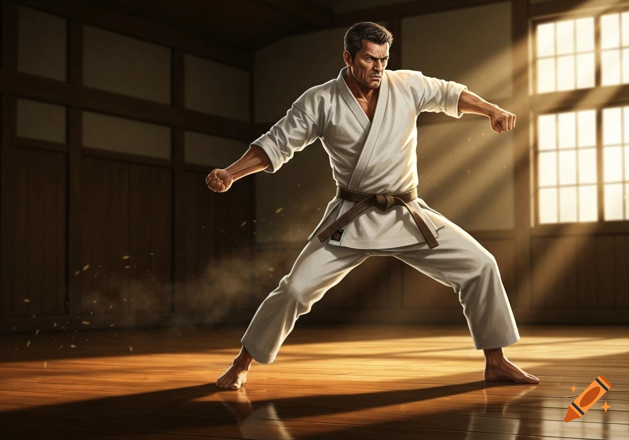 A determined man in a white karate gi and brown belt strikes a powerful pose on a wooden dojo floor bathed in sunlight.