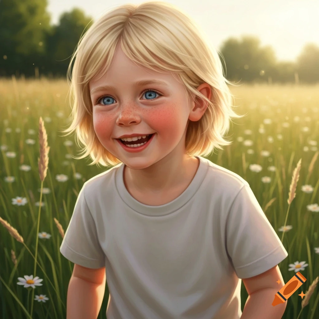 A smiling blonde child with blue eyes and freckles, wearing a white t-shirt, stands in a sunny field of grass and white flowers.